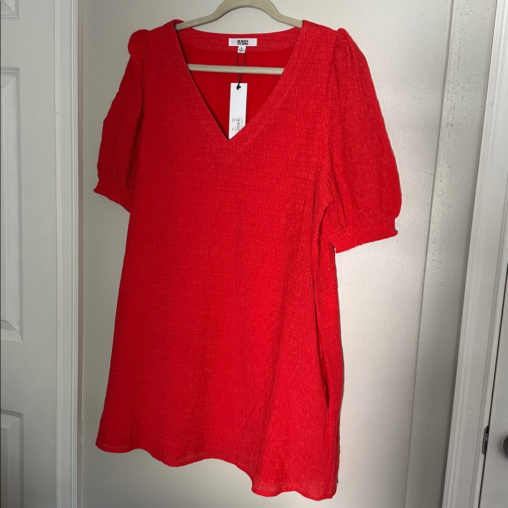 BB Dakota Vibrant Red/Orange Textured V-Neck Dress